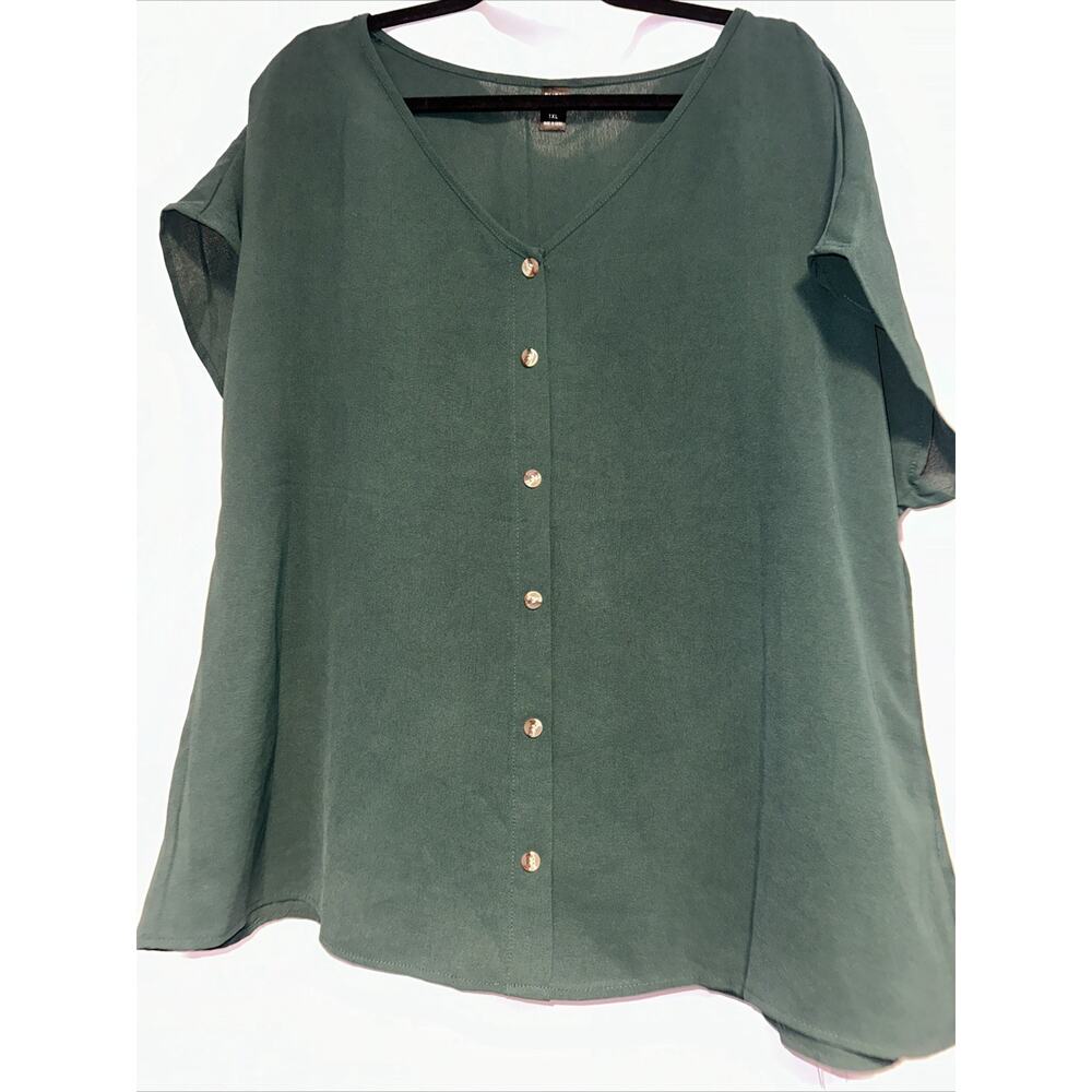 Emery Rose Green V-Neck Short Sleeve Henley Casual T-Shirt Blouse Women XL